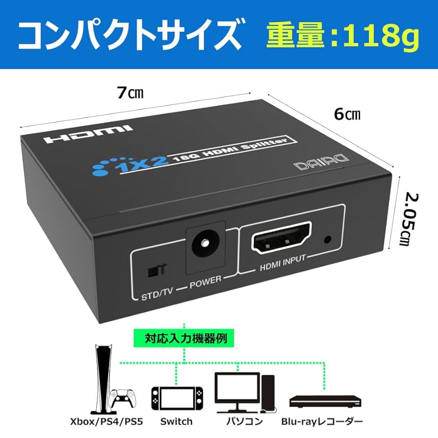 Amazon | DAIAD HDMI分配器 4K60Hz 1入力2出力 HDR対応 1080P